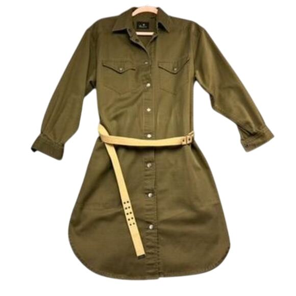 Liz Claiborne Shirt Dress Size L Olive Green Belted Snap Button Curved Hem Vtg - Picture 3 of 13